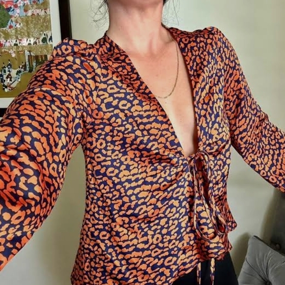 Never Fully Dressed Tops - Never Fully Dressed Black and Orange Tie-Front Blouse